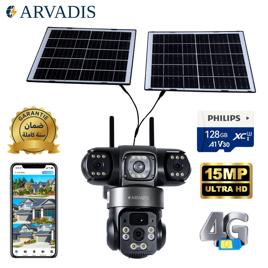 Caméra solaire 4G Arvadis 15 MP, triple objectif