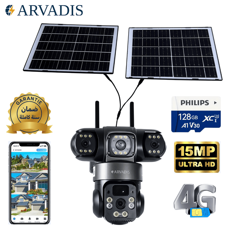 Caméra solaire 4G Arvadis 15 MP, triple objectif